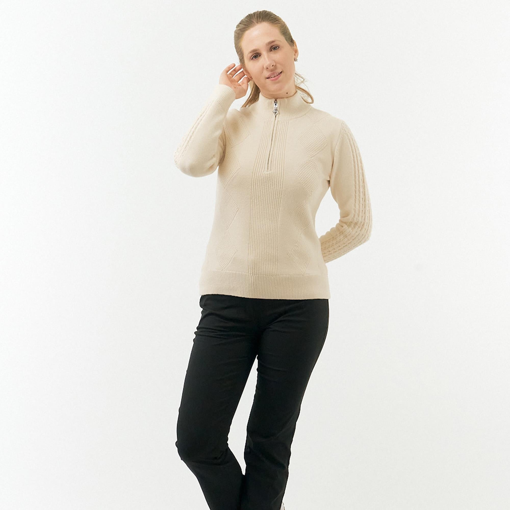 Pure Golf Sorrell Cable Knit Lined Ladies Golf Jumper Champagne